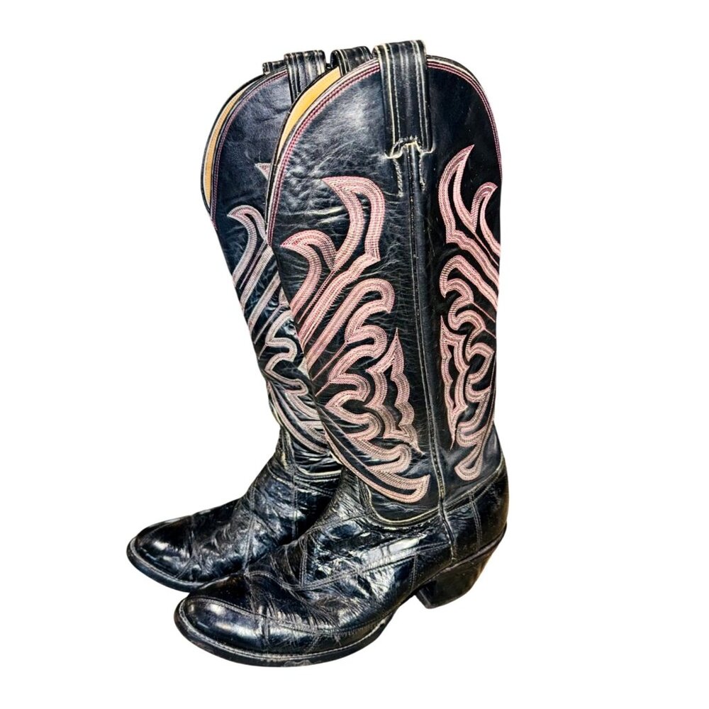 Vintage Tony Lama Mens 9D Black Tall Shaft Patchwork Western Cowboy Boots Work
